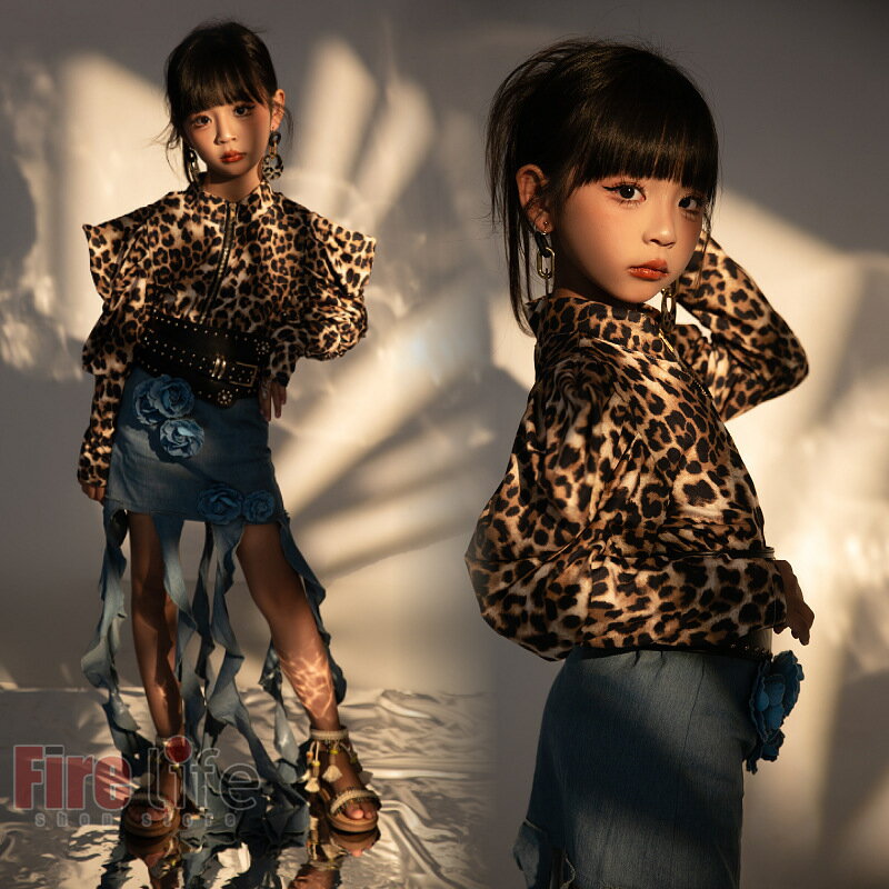 キッズダンス衣装 女の子 豹柄 トップス 長袖 デニム フリンジスカート ベルト チアダンス 演出服 ファ..