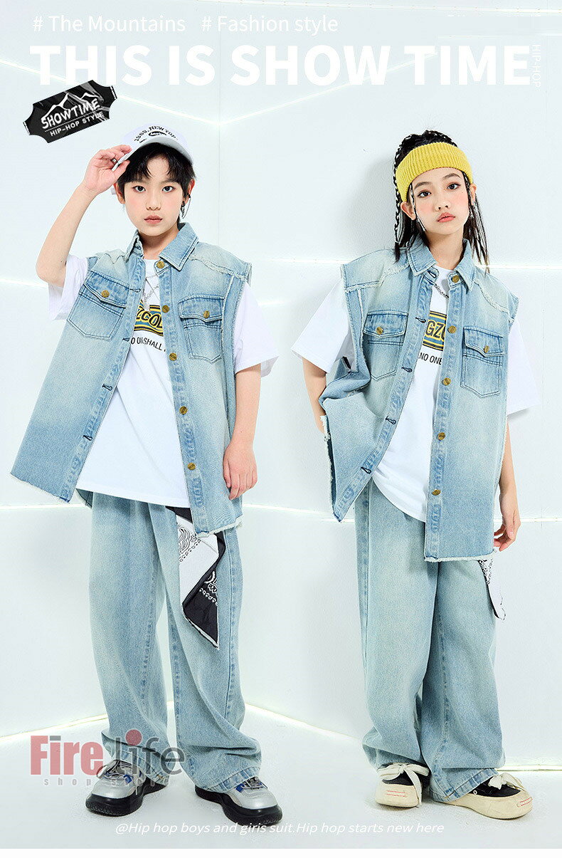 デニムベスト デニムパンツ キッズダンス衣装 HIPHOP K-POP衣装 男の子 女の子 セットアップ ブルー 上下セット 半袖Tシャツ 帽子 ネックレス 飾り ヒップホップ ジャズダンス ステージ衣装 練習着 演出服 舞台衣装 団体服 韓国ダンス チームダンス 120～180cm 送料無料 2