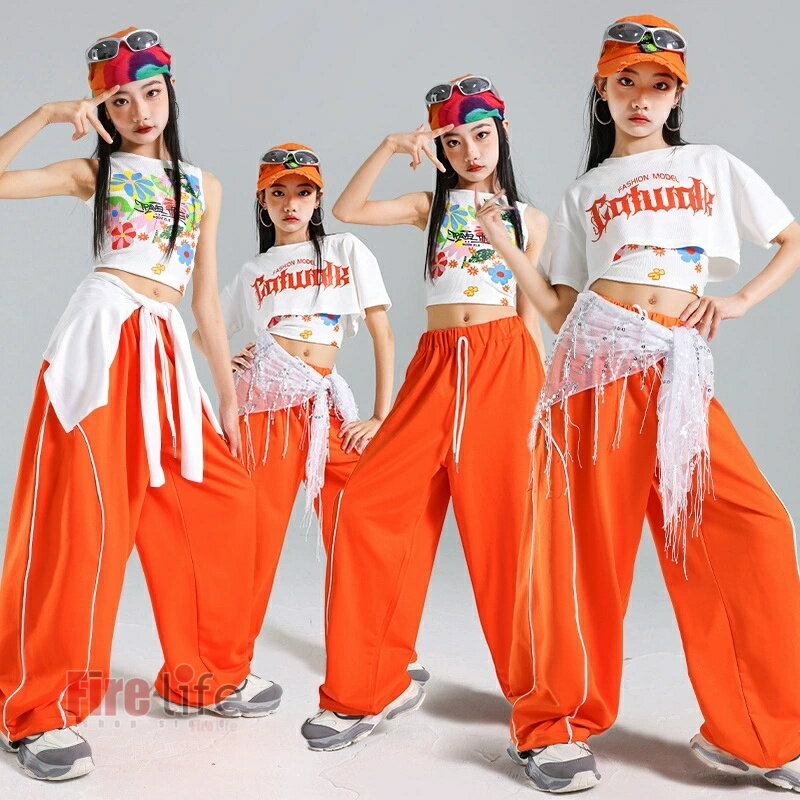 オレンジ キッズダンス衣装 ヒップホップ 女の子 韓国 アイドル セットアップ 花柄タンクトップ カーデ..