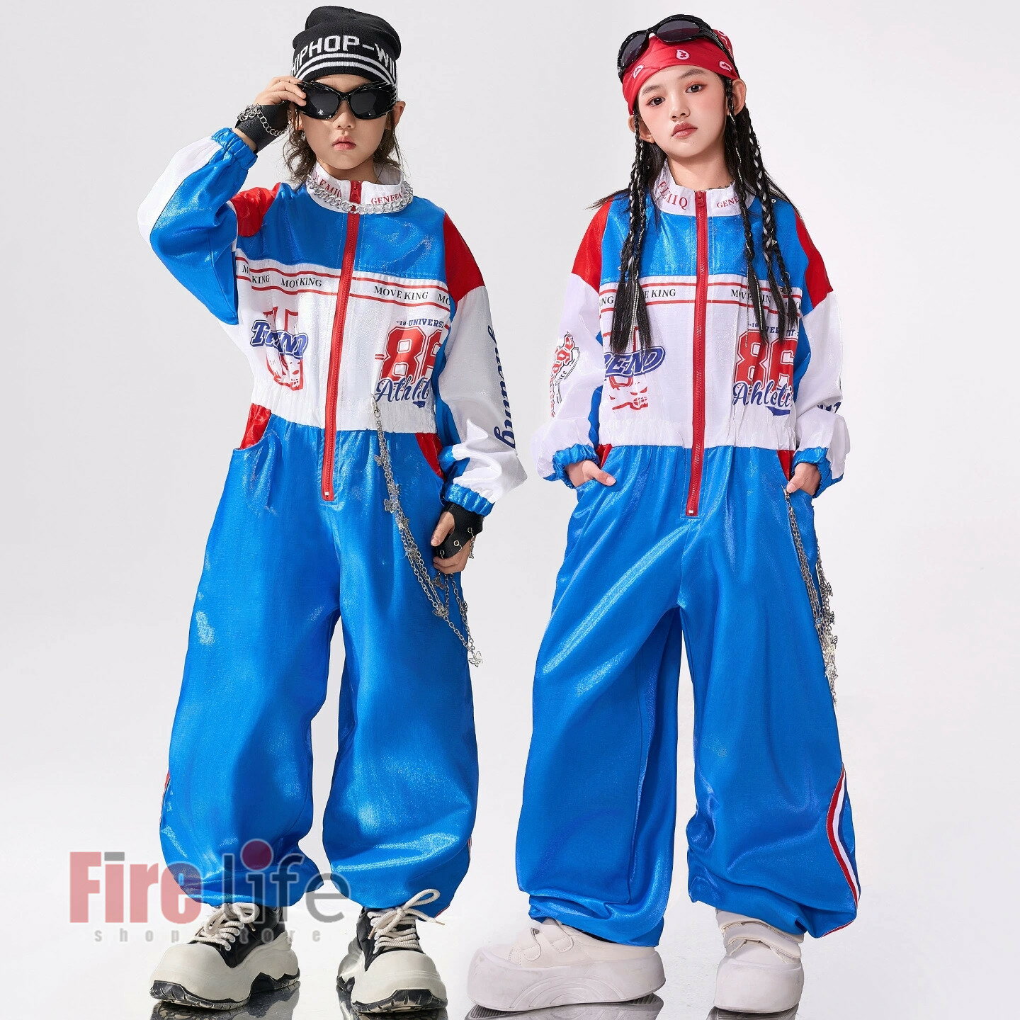 キッズダンス衣装 つなぎ 切替 ブルー白 ヒップホップ 長袖 オールーインワン キッズファッション 作業..