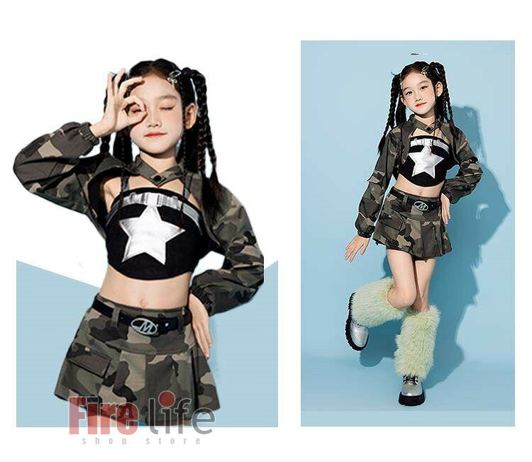ファイアライフ楽天市場店のキッズダンス衣装 ヒップホップ 迷彩柄上下セット チアガール 首掛け ショルダー セットアップ タンクトップ スカート 女の子 長袖 レッグウォーマーダンスウェア ダンスチーム k-pop hiphop団体服 応援団 演出服 ステージ衣装 jazz 110〜180cmおしゃれ　可愛い｜アングル2