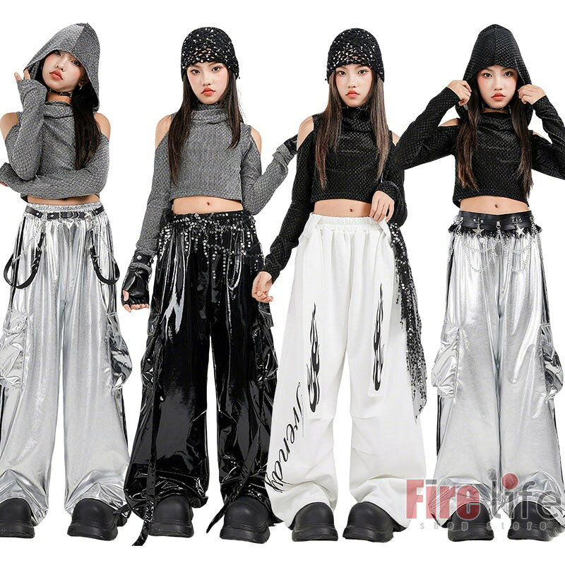 Rakuten - ダンス衣装 キッズ ヒップホップ ガールズ セットアップ K-POP衣装 チアガール シルバー ブラック グレー 肩穴あきトップス パンツ 派手 女の子 長袖 子供ダンス服 ダンスウェアチームダンス hiphop団体服 応援団 演出服 ステージ衣装 jazz 110〜180cmおしゃれ