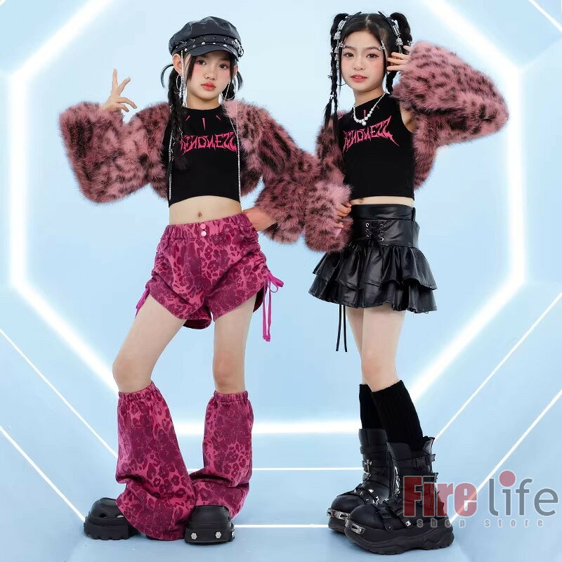 ファイアライフ楽天市場店のダンス衣装 キッズ ヒョウ柄 ピンク ヒップホップ ガールズ ローズセットアップ K-POP衣装 チアガール 豹柄トップス キャミソール puスカート ヒョウ柄パンツ 派手 足カバー 子供ダンス服 ダンスウェア hiphop団体服 応援団 演出服 ステージ衣装 jazz 110〜180cmおしゃれ｜アングル3