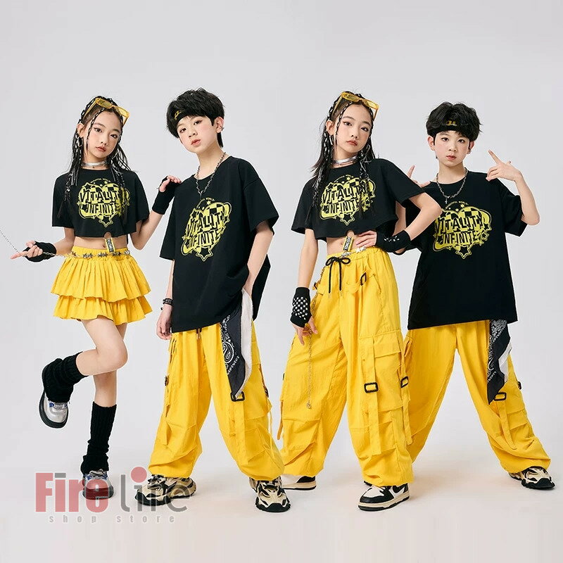 k-pop衣装 コスチューム キッズダンス衣装 ヒップホップ 男の子 女の子 黄色 イエロー 黒半袖Tシャツ カーゴパンツ スカート セットアップ ステージ衣装 ジャズ 団体服 演出服 韓国 子供服 応援着 イベント 体操服 運動着 ダンス発表会 体操服 hiphop 110-180送料無料