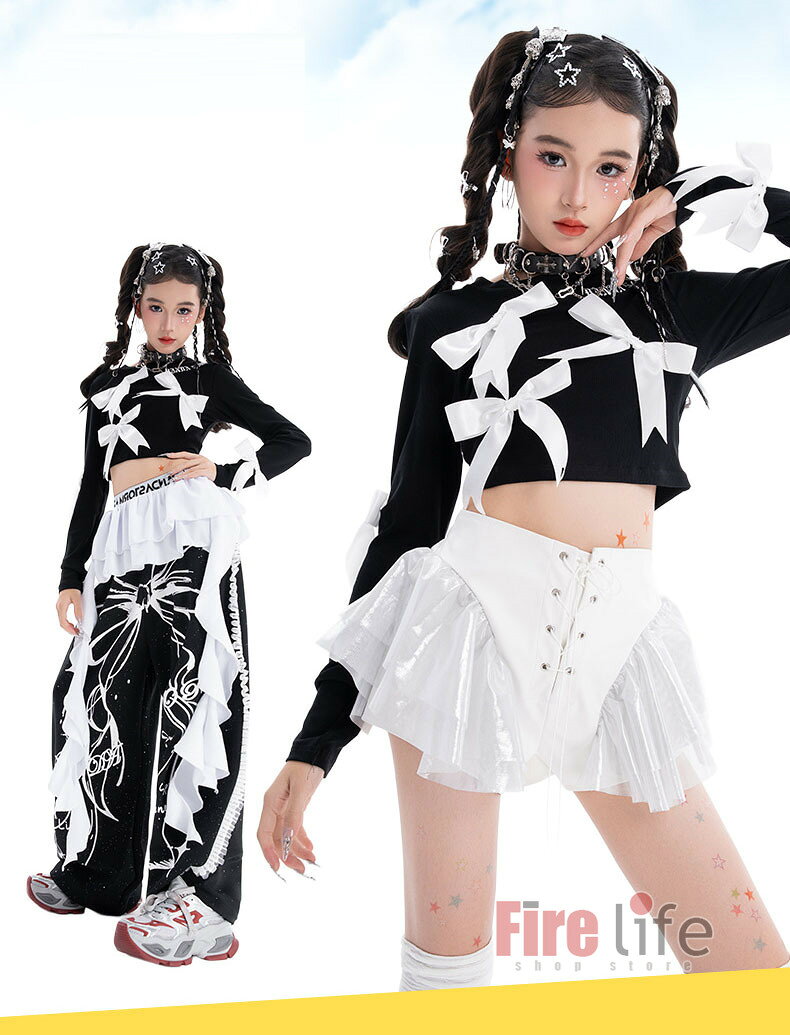 ファイアライフ楽天市場店のコスチューム キッズダンス 衣装 ヒップホップ 女の子 k-pop衣装 黒リボン 長袖T シャツへそ出し腰巻き ロングパンツ 白レザーパンツ セットアップ チアガール ステージ衣装 ジャズ 団体服 演出服 韓国子供服 応援着 イベント 原宿系 個性 発表会 hiphop 120-170cm 送料無料｜アングル2