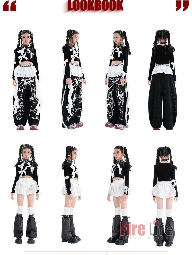 ファイアライフ楽天市場店のコスチューム キッズダンス 衣装 ヒップホップ 女の子 k-pop衣装 黒リボン 長袖T シャツへそ出し腰巻き ロングパンツ 白レザーパンツ セットアップ チアガール ステージ衣装 ジャズ 団体服 演出服 韓国子供服 応援着 イベント 原宿系 個性 発表会 hiphop 120-170cm 送料無料｜アングル3