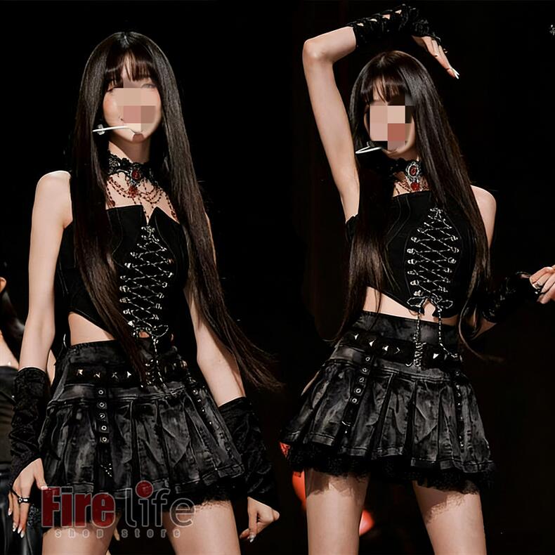 大人ダンス衣装 レディース アイドル衣装 上下セット 黒 バンドビスチェ レザースカート 袖カバー 団体服 ブラック へそ出し ジャズダ..
