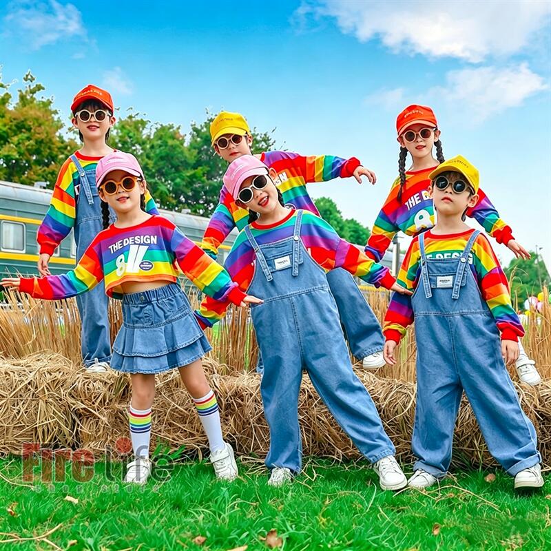 チームお揃い サロペット キッズダンス衣装 男の子 女の子 レインボートレーナー デニムパンツ スカート長袖 虹Tシャツ 韓国子供服 ヒップホップ 卒業写真撮り 記念写真 卒業アルバム イベント お出かけ 発表会 遊戯会 運動会 幼稚園 小学生 110〜180cm 送料無料