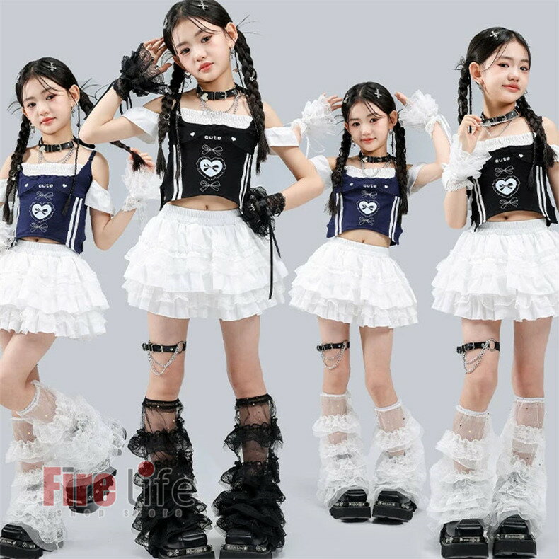Rakuten - キッズダンス衣装 子供服 肩出しトップス　ブラック ネイビー 白ケーキスカート 可愛い系 ヒップホップ セットアップ K-POP衣装 韓国ダンス スパンコール おしゃれ レース足カバー 応援団 舞台衣装 団体服 ステージ衣装 イベント ジャズ 女の子 派手 練習服 110-180cm