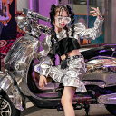 ダンス衣装 ガールズ ヒップホップ 衣装 派手 シルバー 銀 K-POP 韓国 セットアップ へそ出し ジャケット パンツ 子供ダンス服 ダンスウェア キラキラ...