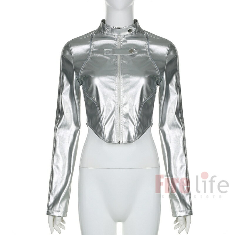ダンストップス PU革 ジャケット ファスナー レディース ステージ衣装 レザー ダンス衣装 トップス ヒップホップ 銀 シルバー 舞台衣装 セクシー ショート丈 イベント 送料無料