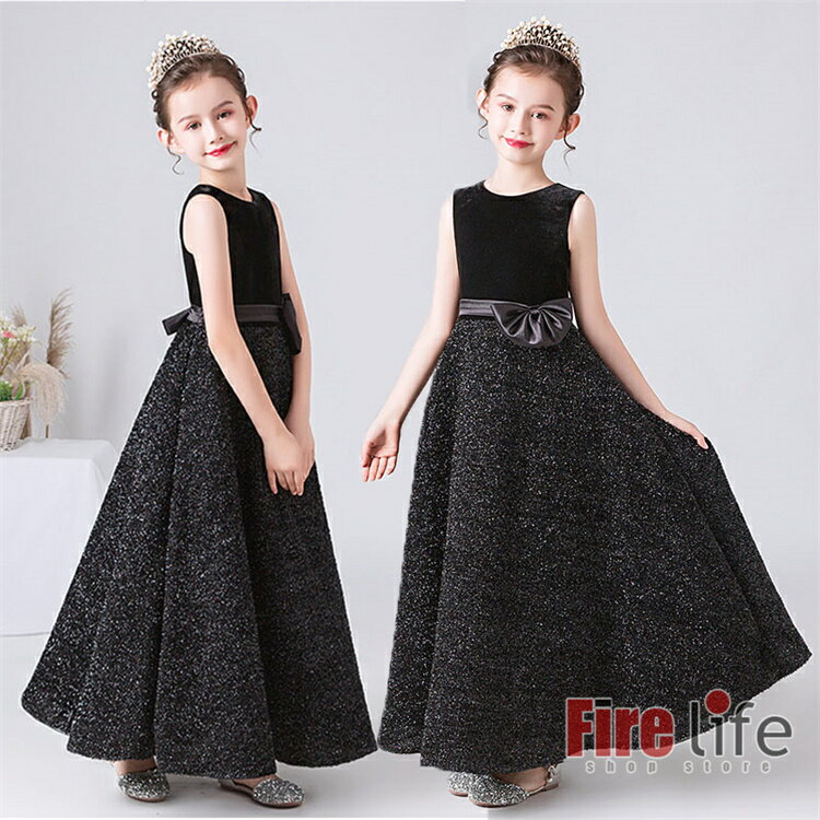 子供ドレス ピアノ発表会　キッズドレス フォーマルドレス ジュニア ガールズ 女の子ワンピース ブラック キラキラ ロング丈 結婚式 子供服 お誕生会 おしゃれ 大人っぽい 送料無料