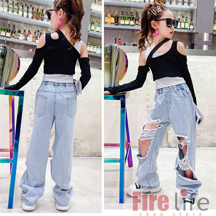 キッズ ダンス衣装 デニム ダメージ パンツ ヒップホップダンス 発表会 練習着 演出服 HIPHOP ヒップホップ イベント かっこいい 可愛い へそ出し ガールズ