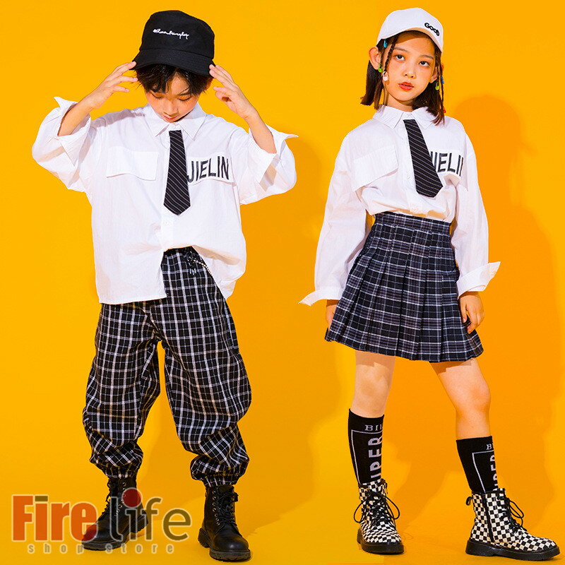 キッズ ダンス衣装 長袖 チェック パンツ スカート 長ズボン ジャズダンス 発表会 練習着 セットアップ HIPHOP ヒップホップ 子供 シャツ トップス