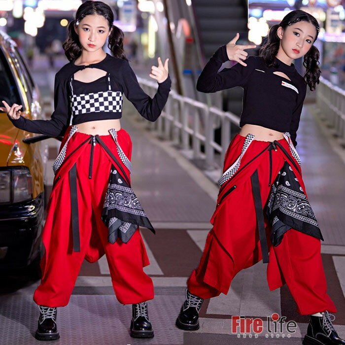 キッズダンス衣装 女の子 ブラック タンクトップ レッド オールインワン 子供服 ヒップホップ ダンスウェア ハンカチ付き 派手 演出 個性的 女の子 120～170cm