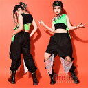 キッズダンス衣装 ヒップホップ へそ出し グリーントップス カーゴパンツ スパンコール キラキラ チアガール 黒緑 ダンスウェア 舞台衣装 団体服 ストリート系...