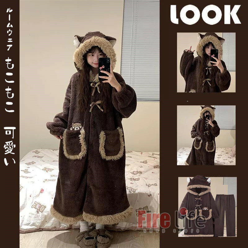 ガウン パジャマ ルームウェア もこもこ ロング丈 ナイトガウン 可愛い 着る毛布　着ぐるみ レディース 冬服 もこもこ フリース 暖かい 大人用 ナイトガウン 着る毛布 フード付き 柔らか 前空き ボタン 高校生 寝巻き 韓国 部屋着 防寒 プレゼント誕生日