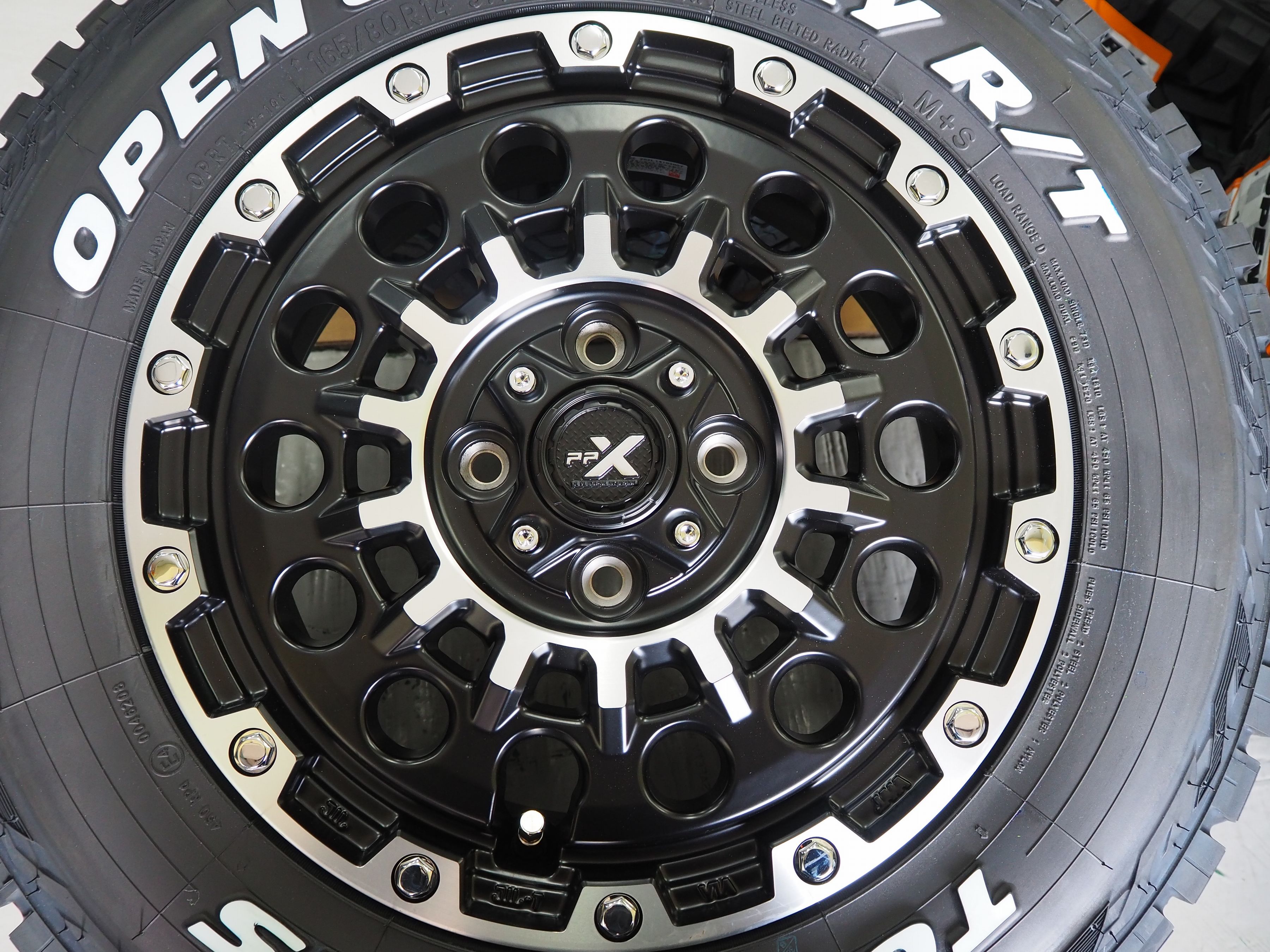 ゴツゴツ系 アゲ系ハイゼット 軽トラ 軽バンPPX GX1414inch 4.5J +45 4H100 マットブラックxポリッシュ タイヤ ＆ ホイール 新品 4本165/80R14 97/95N LT オープンカントリーR/T ホワイトレター