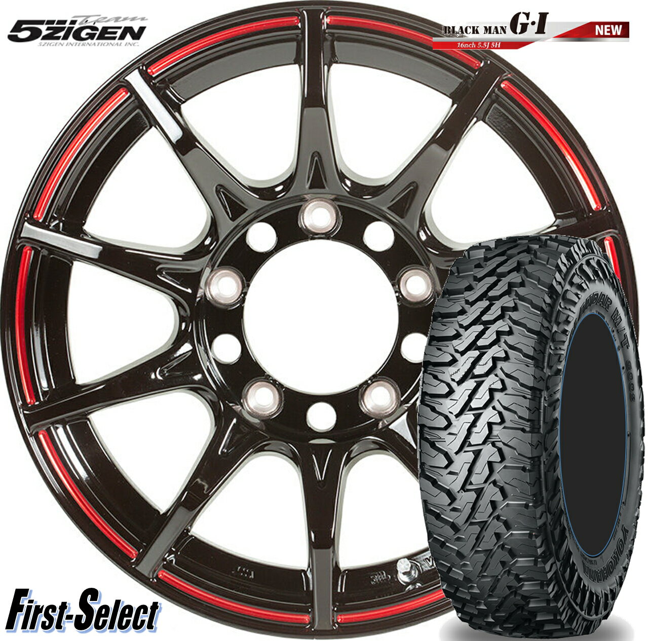 Rakuten - ジムニー専用5ZIGEN BLACK MAN G・I 16インチ +20 5H139.7新品 タイヤ ホイール 4本セット 5次元 ブラックマングロスブラックレッドライン