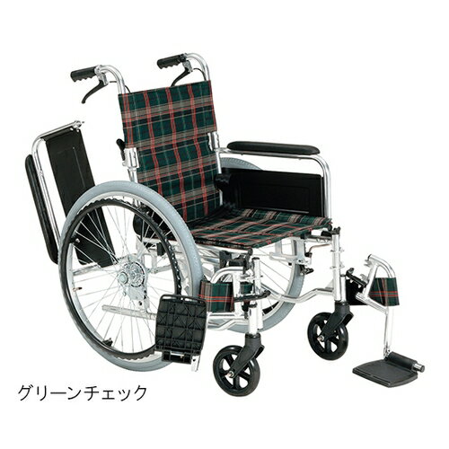 アズワン AS ONE 介護・医療用品の総合カタログ　ナビ助2019掲載商品 看護、介護用品＞介護・リハビリ＞車椅子類 ●ベッド移乗に便利な肘跳ね上げ式、脚部スイングアウト仕様の多機能車イスです。 製品仕様 ●型番：KS-80GC ●シート：グリーンチェック ●材質：本体／アルミニウム、シート／ポリエステル ●サイズ：615×1020×890mm ●折りたたみ時サイズ：300×885×665mm ●座面サイズ：（幅）400×（奥行）400mm ●座面高：前／430mm、後／410mm ●車輪径：キャスタ／φ6インチ、主輪／φ22インチ ●重量：14.8kg ●耐荷重：100kg ●バンド式介助ブレーキ付き ●肘部跳ね上げ式 ●脚部：スイングアウト・着脱式 ●自走式