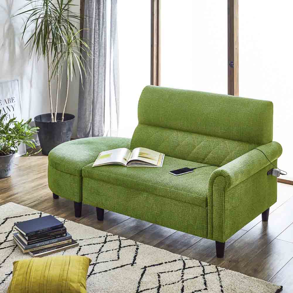 後藤家具物産 2口コンセント付きカウチソファ SO-CD-GR キズに強い ペット対応 収納庫付き 幅116cm グリーン | ソファ 2人掛け 幅116cm スツール 脚 [2]