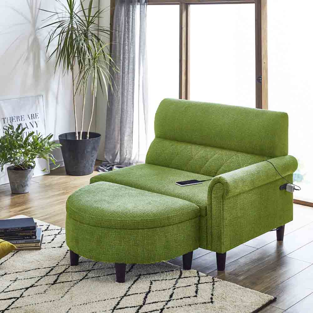 後藤家具物産 2口コンセント付きカウチソファ SO-CD-GR キズに強い ペット対応 収納庫付き 幅116cm グリーン | ソファ 2人掛け 幅116cm スツール 脚 [3]