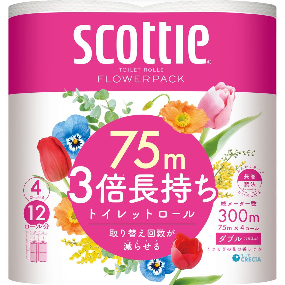 ＼レビュー特典有／日本製紙クレシア スコッティフラワーパツク3倍長持ちダブル [単品内容量/4個] | スコッティ トイレットペーパー フラワーパック 3倍長持ち ダブル トイレ用品 クレシア 高品質 エンボス コンパクト 花の香り ホーム用品 日本製