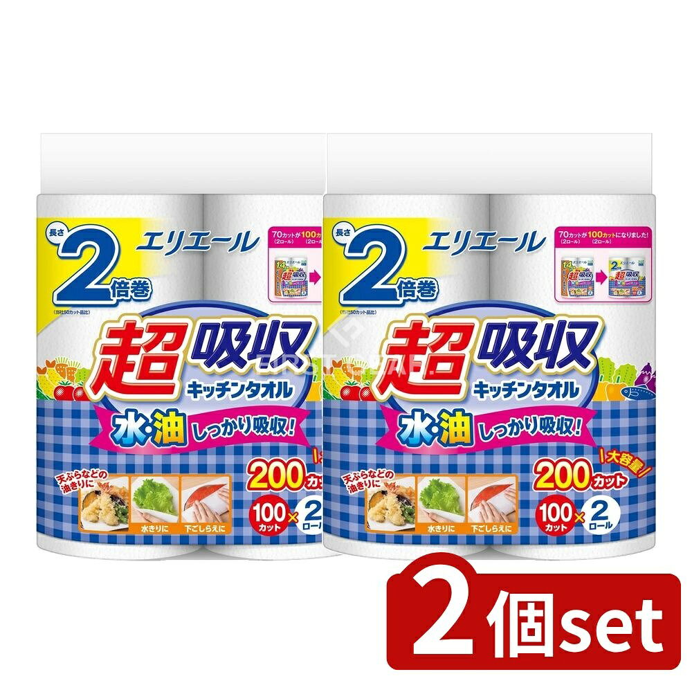 【2個セット】 大王製紙 エリエール超吸収キッチンタオル(100カット) [単品内容量/2個] | 大王製紙 エリエール キッチンタオル 超吸収 キッチン用品 吸水タオル エンボス加工 クローバー柄 パルプ100% 日本製 厨房タオル 便利グッズ