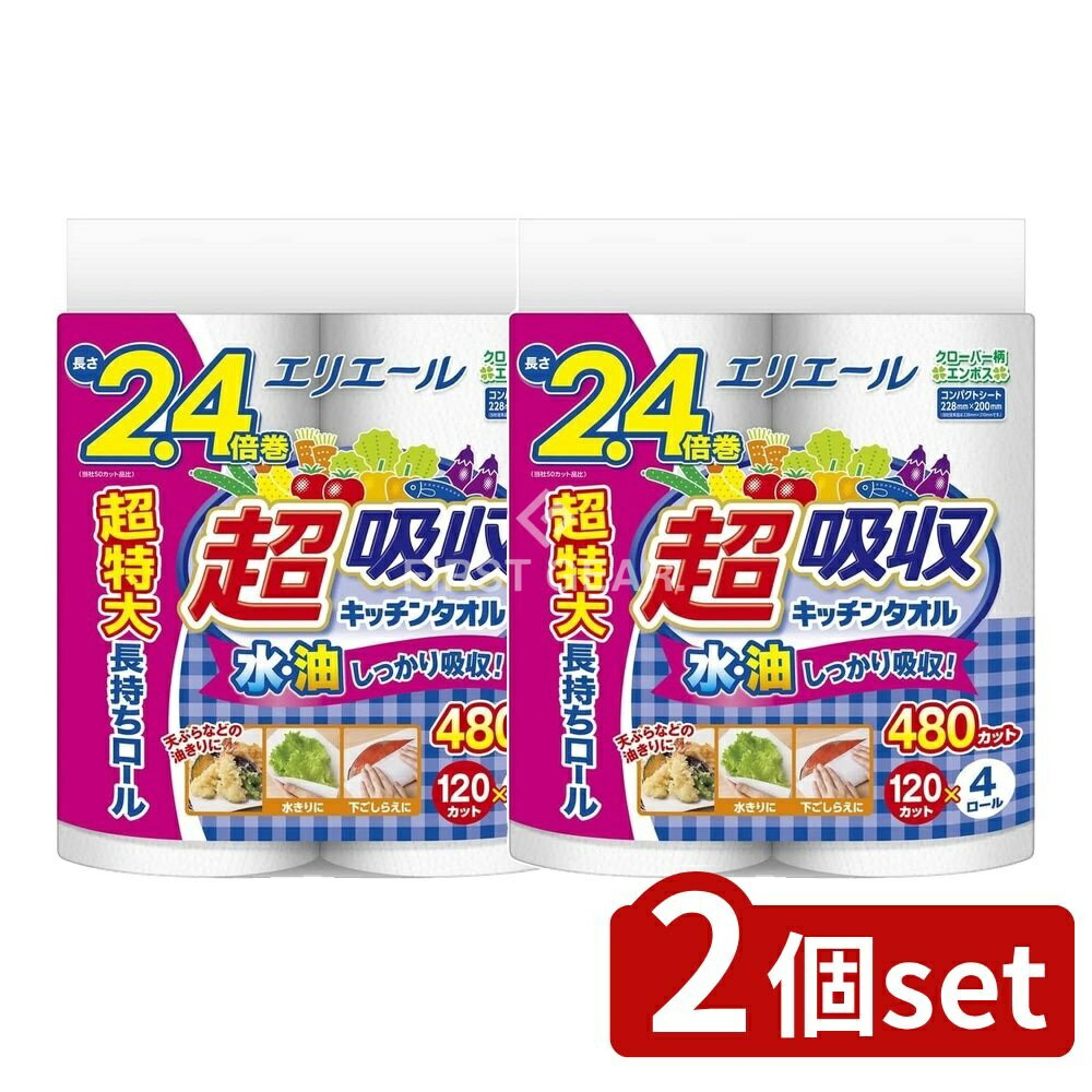 【2個セット】 大王製紙 エリエール超吸収キッチンタオル(120カット) [単品内容量/4個] | 大王製紙 キッチンタオル エリエール 超吸収 タオル 日本製 高吸収 キッチンペーパー エンボス加工 タイプ ローリングタオル 使い捨て 便利 台所用品