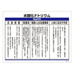 緑十字　化学物質関係標識　特38-305　水酸化ナトリウム　NaOH　応急処置　保護具　注意事項　人体に及ぼす作用