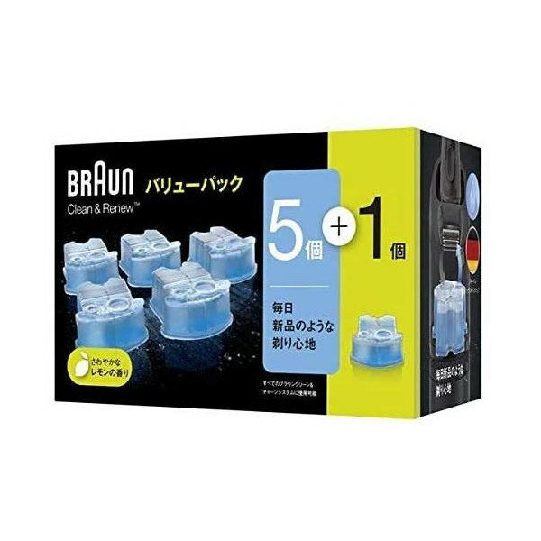 商品の特徴 BRAUN(ブラウン)　クリーン&リニューシステム専用洗浄液カートリッジ 5個+1個 ●クリーン＆リニューシステム専用の洗浄液カセット ●アルコール洗浄液を使用し99.9％除菌。 ●ブラウン独自のアルコール洗浄システムを利用してシェーバーを洗浄した場合、水道水で洗浄するよりも約10倍も衛生的になることが実証済みです。 ●剃り味劣化の原因ともなる皮脂汚れやヒゲくずを除去し、常に清潔な状態にキープすることでシェーバーの深剃り性能を最大限に引き出します。 ●通常の使用で約30回の洗浄が可能です ●アルコール素材なので、自然に蒸発します ●毎日ご使用にならない場合でも、約8週間での交換をおすすめします ●さわやかなレモンの香り ●対応機種：全てのブラウンアルコール洗浄システム付き製品に装着できます。 製品仕様 ●成分：エタノール、潤滑剤、香料 ●内容量：170mL(カートリッジ1個につき) JANコード：4902430880671 BRAUN(ブラウン)クリーン&リニューシステム専用洗浄液カートリッジ ブラウン　クリーン&リニューシステム専用洗浄液5個+1個 CCR5CR 1箱 ブラウン　クリーン&リニューシステム専用洗浄液5個+1個 CCR5CR 2箱 ブラウン　クリーン&リニューシステム専用洗浄液5個+1個 CCR5CR 3箱 ブラウン　クリーン&リニューシステム専用洗浄液5個+1個 CCR5CR 6箱