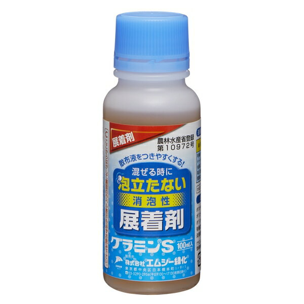 商品の特徴 エムシー緑化 グラミンS100ml泡立たない展着剤 ●泡を抑えた展着剤です。 ●作物表面に均一に行き渡らせる作用を強化しています。 ●使用上の注意 　(1)使用量に合わせ薬液を調製し、使いきること。 　(2)所定量の本剤を直接散布液に加え、十分かきまぜてから散布すること。あるいは本剤を加えた水で散布液を調製してもさしつかえない。 　(3)泡の消えにくい薬剤(ポリオキシン剤など) には多目に加えること。 　(4)本剤は自動車、壁などの塗装面に散布液がかかると変色する恐れがあるので、散布液がかからないように注意すること。 ●人畜に有毒な農薬については、その旨及び解毒方法 　誤飲などのないよう注意すること。 ●水産動植物に有毒な農薬については、その旨 　水産動植物(魚類)に影響を及ぼすので、養魚田では使用しないこと。 ●引火し、爆発し、又は皮膚を害する等の危険のある農薬については、その旨 　通常の使用方法ではその該当がない。 ●貯蔵上の注意事項 　直射日光をさけ、なるべく低温な場所に密栓して保管すること。 製品仕様 ●内容量　100ml ●有効成分　　ポリ(オキシエチレン)=アルキルフェニルエーテル　ブチルセロソルブ ●生産国　日本 ●適用農薬　有機リン剤、カーバメート剤などの殺虫剤。殺ダニ剤。銅剤、硫黄剤、抗生物質剤などの殺菌剤。 ●適用作物　稲、麦、キャベツ等の薬液のつきにくい作物、はくさい、きゅうり、ばれいしょ、果樹等の薬液のつきやすい作物 JANコード：4987081736423