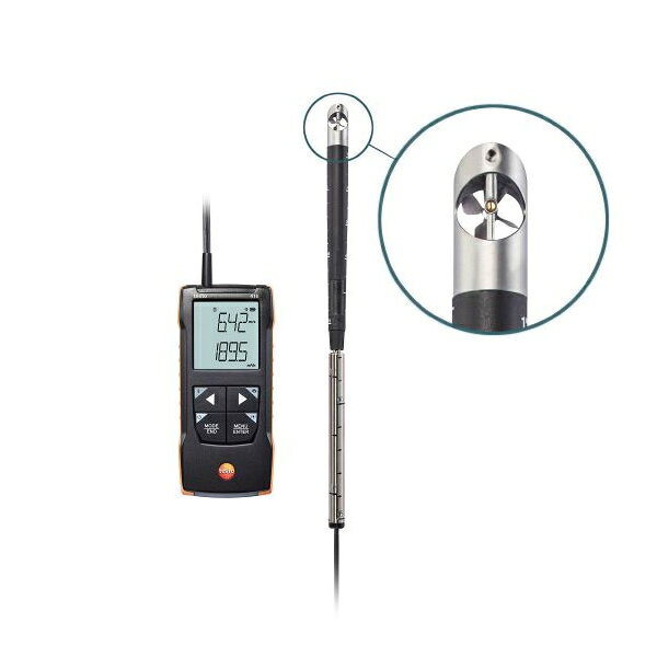 商品の特徴 テストー(testo) 416 ベーン式風速計　0563 0416 testo 416 は、風速・風量を測定可能なベーン式風速計です。 プローブの先端は直径 16 mm で、最大 850 mm に伸縮するため、高所や大口径ダクトの測定にも最適です。 中風速域 (5 〜 40 m/s) において熱線式風速計よりも精度が高いことが特徴です。 また、熱線式と異なり、温度や気圧 (空気密度) の影響を受けません。 主な用途： 換気ダクト内の風速・風量、吹出口の風速・風量 ● 風速・風量を測定可能なベーン式風速計 ● 中風速域 (5 〜 40 m/s) では熱線式よりも高精度 ● ダクトの測定に最適なスケール付き伸縮式プローブ ● アプリ連携で測定結果の表示・記録・文書化をサポート ● 堅牢かつコンパクトなボディとバックライト付きディスプレイ 製品仕様 ●機能：バックライト、ホールド機能、最大値 / 最小値、平均 (時間 / 複数点)、ダンピング機能、自動オフ、Bluetooth プリンタ (オプション)、モバイルアプリ連携、風量演算 ●測定範囲：風速： 0.6 〜 40 m/s ●精度：風速： ±(0.2 m/s + 測定値の1%) ●分解能：0.1 m/s、0.1 ℃ ●動作温度：本体：-10 〜 +50 ℃ プローブ：-10 〜 +70 ℃ ●バッテリ：単3乾電池 × 3 ●バッテリ寿命：約60時間 ●寸法：本体： 135 × 60 × 28 mm プローブ： 329 〜 850 mm (先端 ?16) ●重さ (g)：323 g ●同梱品：testo 416、ケース、乾電池、出荷検査書 JANコード：4029547025785