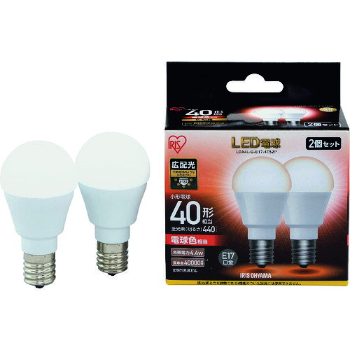 オレンジブック トラスコ中山　TRUSCOIRIS 567978 LED電球2個セット E17広配光タイプ 40形相当 電球色 〔品番:LDA4LGE174T52P〕[ 注番:1256773]特長●トイレや廊下などに最適なLED小形電球です。●照明器具を替えることなくご使用いただけます。●密閉形器具にご使用可能です。仕様●明るさ(lm)：440●光源色：電球色相当●外径(mm)：38●全長(mm)：75●消費電力(W)：4.4●口金：E17●定格寿命(時間)：40000●電源(V)：AC100●配光角度(°)：180●相当電球(W形)：40●色温度(K)：2700●標準消費電力料金：0.14円/h●タイプ：広配光仕様2材質/仕上●アルミ●ポリカーボネート●PBTセット内容/付属品注意●断熱材施工器具(ダウンライト)にはご使用できません。原産国（名称）中国JANコード4967576300599本体質量56gオレンジブック トラスコ中山　TRUSCOIRIS 567978 LED電球2個セット E17広配光タイプ 40形相当 電球色 〔品番:LDA4LGE174T52P〕[注番:1256773][本体質量：56g]《包装時基本サイズ：90×45×80》〔包装時質量：98g〕分類》工事・照明用品》作業灯・照明用品》LED電球☆納期情報：仕入れ先通常在庫品 (欠品の場合有り)