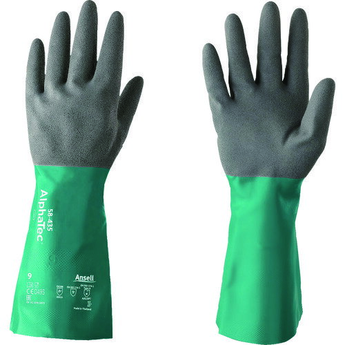 オレンジブック トラスコ中山　TRUSCOアンセル 耐薬品手袋 アルファテック 58-435 Mサイズ 〔品番:584358〕[ 注番:1496895]特長●ANSELL GRIP Technologyにより、オイルが付着した物や濡れている物を取り扱う際に最適なコントロールを可能にし、少ない力で滑りやすい物を安全に取り扱うことができ、手や腕の疲労を軽減します。●手袋のコーティングに作られる小さい溝を通して液体を逃がすことで、工具や部品の表面と手袋との安全かつ確実な接触を可能にします。●炭化水素の誘導体、アルコール基剤、多くの溶剤、エステルに対して効果的な保護性能を発揮します。●ニトリルコーティングは、長時間の使用向けに優れた耐引裂性・耐突刺性・耐摩耗性を提供します。●折り返し可能なガーターカフは前腕に液体が垂れることを防ぎ、ロングカフは前腕の上半分もしっかり保護します。用途●化学薬品取り扱い。●自動車関連。●塗装作業。●機械および機器。●金属加工および組み立て作業。●容器、タンクおよび加工機器間の液体と固体の移動。●塗布および掃除用具の取り扱い。仕様●色：グレー/グリーン●サイズ：M●全長(cm)：38.0●手のひら周り(cm)：22.0●中指長さ(cm)：8.3●厚さ(mm)：0.7●EN374規格：AJKL●EN ISO 374-1:2016規格：Type A、AJKLOPT●すべり止め：ニトリルゴム仕様2●EN388:2003規格：耐摩耗レベル4、耐切創レベル0、耐引裂レベル0、耐突刺レベル1●EN388:2016規格：耐摩耗レベル4、耐切創レベル0、耐引裂レベル0、耐突刺レベル1、EN ISO耐切創レベルA●ASTM F 739(JIS T 8116)試験データあり●AQL(合格品質水準)：0.65材質/仕上●表：ニトリルゴム●裏：吹き付けコットン●すべり止め部：ニトリルゴムセット内容/付属品注意原産国（名称）タイJANコード本体質量112gオレンジブック トラスコ中山　TRUSCOアンセル 耐薬品手袋 アルファテック 58-435 Mサイズ 〔品番:584358〕[注番:1496895][本体質量：112g]《包装時基本サイズ：350×150×10》〔包装時質量：10g〕分類》保護具》作業手袋》耐薬品・耐溶剤手袋☆納期情報：仕入れ先通常在庫品 (欠品の場合有り)