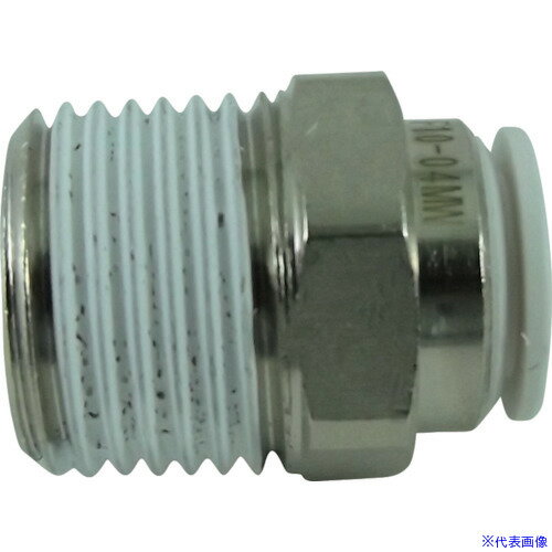 オレンジブック トラスコ中山　TRUSCOチヨダ ファイブメイルコネクタ W(白)10mm・R1/2 〔品番:F1004MW〕[ 注番:1584669]特長●PBT樹脂を採用し、スパッタ等の延焼事故を防止。●空気圧汎用型継手では初の軽量化を実現。仕様●適合チューブ外径D(mm)：10●接続口径：R1/2●六角対辺(mm)：21●流体温度(℃)：-5〜60℃(空気)、5〜40℃(水)●使用流体：空気、水●使用圧力：1MPa(空気)、0.3MPa(水)仕様2●流体温度(℃)：-5〜60℃(空気)、5〜40℃(水)材質/仕上●本体:黄銅+ニッケルメッキ●シールゴム:ニトリルゴム（NBR）セット内容/付属品注意原産国（名称）日本JANコード4537327034617本体質量46.1gオレンジブック トラスコ中山　TRUSCOチヨダ ファイブメイルコネクタ W(白)10mm・R1/2 〔品番:F1004MW〕[注番:1584669][本体質量：46.1g]《包装時基本サイズ：23×29×29》〔包装時質量：48g〕分類》空圧用品》流体継手・チューブ》チューブ継手☆納期情報：仕入れ先通常在庫品 (欠品の場合有り)