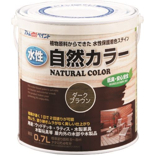 オレンジブック トラスコ中山　TRUSCOアトムペイント 水性自然カラー 0.7L ダークブラウン 〔品番:0000108627〕[ 注番:2035445]特長●植物原料からできた、安心・安全性の高い木部着色ステイン塗料です。●環境にやさしく扱いやすい水性タイプです。●自然塗料でありながら乾燥が速いので、1日で2回塗りが可能です。●小さなお子様やペットのいるご家庭に最適です。●食品衛生法（玩具の基準）に適合しているので、木製玩具にも使用できます。用途●ウッドデッキ、ラティス、木製家具、木製玩具等の屋内外木部に。仕様●色：ダークブラウン●容量(L)：0.7●塗り重ね可能時間：夏期/4以上、冬期/6以上●塗り重ね回数：2●塗布面積(［［M2］］)：5〜8(畳枚数換算約4枚分)●指触乾燥時間：夏期/約4、冬期/約6仕様2材質/仕上●植物油、天然樹脂、合成樹脂、顔料、水、アルコール系溶剤セット内容/付属品注意●塗りつぶしタイプの塗装面や、木材以外の素材、化粧合板、ハードウッド材にはご使用になれません。●クリヤー色は変色を防ぐ機能がないため屋外には適しません。●屋外での長期耐久性をお求めの場合は、防虫防腐剤配合の「アトムウッドエバープロテクト」をご使用ください。●気温5℃以下の場合、湿度85%以上の場合は塗装を避けてください。●塗れない場所の代表例【木以外の素材、塗装面、プリント合板やプラスチック、特殊処理をされた素材、食器類、屋内の床など】。原産国（名称）日本JANコード4971544086279本体質量0.88kgオレンジブック トラスコ中山　TRUSCOアトムペイント 水性自然カラー 0.7L ダークブラウン 〔品番:0000108627〕[注番:2035445][本体質量：0.88kg]《包装時基本サイズ：112×112×118》〔包装時質量：1kg〕分類》工事・照明用品》塗装・内装用品》塗料☆納期情報：オレンジブック掲載以外でメーカー直送品【法人限定＝会社名ご記入お願い致します。】