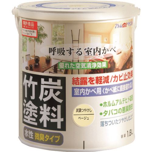 オレンジブック トラスコ中山　TRUSCOアトムペイント 水性竹炭塗料 1.6L 炭調ベージュ 〔品番:0000112858〕[ 注番:2037136]特長●薬剤の力ではなく、竹炭の力で湿度調整効果・空気清浄効果が得られます。●竹炭入りなので、しっくいのような自然な仕上がり感です。●建築基準法対応製品：F☆☆☆☆です。用途●トイレ、キッチン、洗面所、リビング、ビニールクロス、コンクリート、内壁、砂壁、しっくい壁、京壁、繊維かべ等に。仕様●色：炭調ベージュ●容量(L)：1.6●塗布面積(［［M2］］)：10〜15（畳枚数換算約7枚）●指触乾燥時間：夏期/約0.5〜1、冬期/約2〜3仕様2●塗り面積(m2)：10〜15（畳枚数換算約7枚）●液性：水性つや消し●希釈剤：通常不要・濃いときは水道水で5%以内●ハケ洗い：水材質/仕上●合成樹脂（アクリル）セット内容/付属品注意●砂壁や繊維壁など、塗料が吸い込まれる素材には、予め水性下塗剤を塗装してください。原産国（名称）日本JANコード4971544128580本体質量2.6kgオレンジブック トラスコ中山　TRUSCOアトムペイント 水性竹炭塗料 1.6L 炭調ベージュ 〔品番:0000112858〕[注番:2037136][本体質量：2.6kg]《包装時基本サイズ：145×145×165》〔包装時質量：3kg〕分類》工事・照明用品》塗装・内装用品》塗料☆納期情報：オレンジブック掲載以外でメーカー直送品【法人限定＝会社名ご記入お願い致します。】