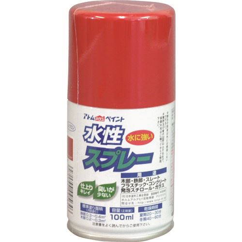 オレンジブック トラスコ中山　TRUSCOアトムペイント 水性スプレー 100ML スカーレット 〔品番:0000109564〕[ 注番:2049646]特長●霧が細かいので、誰でも綺麗に塗装ができます。●指が疲れにくい、軽いタッチのプッシュボタンです。●乾いた塗膜は水に強く、落ちません。用途●鉄部、木部、コンクリート、ガラス、発泡スチロール、段ボール紙、プラスティック（アクリル・ポリスチレン・ABS・硬質塩化ビニル樹脂）などに。仕様●色：スカーレット●容量(L)：0.1●乾燥時間：20〜30分(夏期)、40〜60分(冬期)仕様2●塗布面積：0.2〜0.4m2●噴射パターン：丸吹き●建築基準法対応製品：F☆☆☆☆材質/仕上●成分：水溶性アクリル樹脂セット内容/付属品注意●ラッカー系塗料の上塗りはできません。●換気の良い場所で塗装してください。●屋外でご使用ください。●まわりの車や建物等に飛び散らないよう注意してください。●塗れない場所の代表例【浴室床、ユニットバス、池など水が溜まる所、油分がある所、アルミ、ステンレス、磁器タイル、化粧合板、ビニールクロス、軟質塩ビ、ポリエチレン、ポリプロピレン、トタン、高級家具、バイク、自動車、床面全般など】。原産国（名称）日本JANコード4971544095646本体質量0.15kgオレンジブック トラスコ中山　TRUSCOアトムペイント 水性スプレー 100ML スカーレット 〔品番:0000109564〕[注番:2049646][本体質量：0.15kg]《包装時基本サイズ：52×52×110》分類》工事・照明用品》塗装・内装用品》塗料☆納期情報：オレンジブック掲載以外でメーカー直送品【法人限定＝会社名ご記入お願い致します。】
