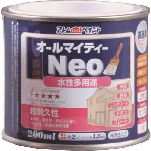 オレンジブック トラスコ中山　TRUSCOアトムペイント 水性オールマイティーネオ 200ML ブラウン 〔品番:0000118663〕[ 注番:2059158]特長●最上級ランクのアクリルシリコン樹脂に紫外線劣化防止剤(HALS)を配合しているため、色ツヤが長期間持続します。●塩害・酸性雨にも強いつやあり塗料です。●サビ止めなしで鉄に直接塗れます。用途●鉄部：門扉、フェンス、鉄サッシなどに。●木部：雨戸、戸袋、羽目板、木工品などに。●コンクリート：モルタル、ブロック、外かべ、内かべなどに。●屋根：スレートに。●トタン：下見トタン（屋根を除く）などに。仕様●色：ブラウン●容量(L)：0.2●乾燥時間：約1時間(夏)、2〜3時間(冬)●塗り重ね可能時間：約1時間(夏)、2〜3時間(冬)●塗り重ね回数：1●塗布面積(［［M2］］)：2(畳換算約1.3枚分)●指触乾燥時間：約1時間(夏)、2〜3時間(冬)仕様2●塗り面積(m2)：2（畳枚数換算約1.3枚）●液性：水性つやあり●希釈剤：通常不要・濃いときは水道水で5%以内●塗回数：1回塗り（鉄部は2回）●建築基準法対応製品：F☆☆☆☆材質/仕上●合成樹脂（アクリル・シリコン）セット内容/付属品注意●鉄部の塗装は錆が激しい場合、さび止め塗料を塗ってからの上塗りをお奨めします。●気温5度以下の場合、湿度85%以上の場合は塗装を避けてください。●塗れない場所の代表例【浴室床、ユニットバス、池など水が溜まる所、油分がある所、アルミ、ステンレス、磁器タイル、化粧合板、ビニールクロス、アクリルやABS以外のプラスティック、高級家具、バイク、自動車、床面全般など】。原産国（名称）日本JANコード4971544186634本体質量0.3kgオレンジブック トラスコ中山　TRUSCOアトムペイント 水性オールマイティーネオ 200ML ブラウン 〔品番:0000118663〕[注番:2059158][本体質量：0.3kg]《包装時基本サイズ：76×76×66》分類》工事・照明用品》塗装・内装用品》塗料☆納期情報：オレンジブック掲載以外でメーカー直送品【法人限定＝会社名ご記入お願い致します。】