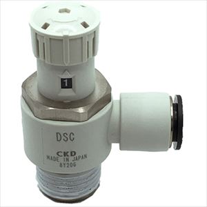 オレンジブック トラスコ中山　TRUSCOCKD ダイヤル付スピードコントローラ 〔品番:DSC1510I〕[ 注番:2495382]特長●2016年度グッドデザイン賞を、2018年iFデザイン賞を受賞しました。●流量の目盛管理ができ、シリンダ速度の定量化が可能になります。●ニードル部の最適設計により、ニードル回転数に比例したリニアな流量特性を実現したため、流量のばらつきが少なく、シリンダの速度を簡単に設定・変更が可能です。●流量のばらつきが少なく、付け替え時はダイヤルを同じ数値にするだけで再設定可能です。●作業工数を大幅に低減し、調整ミスを防止できます。●ニードルの固定はプッシュロック方式を採用しており、ロック時のニードル移動を解消し、確実なロックを実現します。●カンタン操作により、誰にでも調整作業が容易です。用途●容易に空圧シリンダの速度調整を行いたい時に。仕様●接続口径：R1/2●適合チューブ外径(mm)：Φ10●使用圧力(MPa)：0.05〜1.0●使用流体：圧縮空気●流体温度(℃)：5〜60●制御方式：メーターイン●耐圧力(MPa)：1.5●周囲温度(℃)：0〜60仕様2●制御方法：メータイン●接続タイプ：ねじ込み●流量タイプ：標準流量●自由流れ流量：1470L/min（有効断面積：22mm2）●制御流れ流量：1120L/min（有効断面積：17mm2）●参考適用シリンダチューブ内径(mm)：φ40〜φ100●ニードル回転数：1〜10回材質/仕上●樹脂部：ポリブチレンテレフタレート、ポリアセタール●金属部：黄銅、ステンレス鋼●パッキン部：ニトリルゴム、水素化ニトリルゴムセット内容/付属品注意●流体温度・周囲温度：凍結なきこと。●エア質（露点）によっては、断熱膨張で凍結する恐れがありますのでご注意ください。●流量は、圧力0.5MPa時の大気圧換算値です。●材質の黄銅部品は、すべて無電解ニッケルメッキ付です。原産国（名称）日本JANコード本体質量95gオレンジブック トラスコ中山　TRUSCOCKD ダイヤル付スピードコントローラ 〔品番:DSC1510I〕[注番:2495382][本体質量：95g]分類》空圧用品》空圧・油圧機器》スピードコントローラ☆納期情報：メーカー取り寄品（弊社より発送）
