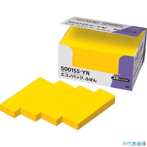 ■3M ポスト・イット 強粘着 75X25mm 90枚X20パッド イエロー 5001SSYN(2569185)