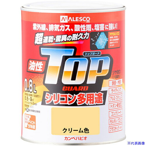 オレンジブック トラスコ中山　TRUSCOKANSAI 油性トップガード クリーム色 0.8L 〔品番:00017640111008〕[ 注番:3627755]特長●高耐久アクリル・シリコン樹脂配合だから紫外線・排ガス・雪・酸性雨など外敵から建物を守り、長期間風合い・ツヤを保ちます。●従来の油性塗料では塗装できなかったアルミ・ステンレス・プラスチックや外壁サイディングなどにも塗れる多用途タイプ。●たれにくく塗りやすい超速乾型油性塗料だから作業性が抜群です。●光沢が優れ、鉄部のサビに強い油性タイプ。●防サビ配合だから鉄部をサビの発生から守ります。用途●鉄部・木部・アルミ・ステンレス・プラスチック(一部を除く)・コンクリート・植木鉢などに。仕様●色：クリーム色●容量(L)：0.8●乾燥時間：約30分（20℃）、約2時間（冬期）●塗り重ね回数：1回●塗布面積(［［M2］］)：約6.5〜9.0●硬化時間：2時間以上(20℃)　6時間以上(冬期)仕様2材質/仕上セット内容/付属品注意●下記のものにはご利用いただけません（自動車、バイク、高級家具、床面、ビニールクロス、常に水に浸かっている所、メッキ、真ちゅう、銅、ホーロー、タイル、陶器、ポリカーボネート、ポリエチレン、ポリプロピレン、シリコンなど特殊処理された素材）原産国（名称）非公開JANコード4972910406066本体質量1.204kgオレンジブック トラスコ中山　TRUSCOKANSAI 油性トップガード クリーム色 0.8L 〔品番:00017640111008〕[注番:3627755][本体質量：1.204kg]分類》工事・照明用品》塗装・内装用品》塗料☆納期情報：メーカー取り寄品（弊社より発送）