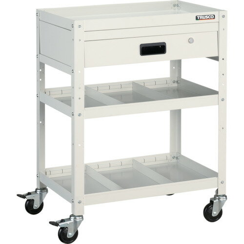 オレンジブック トラスコ中山　TRUSCOTRUSCO ツールワゴン ラビットワゴン 600X400 引出1段 仕切2段付 ホワイト 〔品番:RBW863S2VW〕[ 注番:3663507]特長●車輪と共に車軸もロックするダブルロック仕様のキャスターです。●棚板の組付けは、内側にフランジ付ナットを使用しているため、外側から六角レンチで締め付けることで組み立てが可能です。仕様●最大積載量(kg/台)：150●均等積載量(kg/段)：50●色：ホワイト●間口(mm)：600●奥行(mm)：400●高さ(mm)：810●段数(段)：3●キャスター径(mm)：75●引出し内寸(mm)間口×奥行×深さ：500×290×62仕様2●棚板：こぼれ止め付き棚板(裏表両用)●キャスター：自在式 75mm(2個) 自在式(Wストッパー付) 75mm(2個)●カギあり●縦仕切4枚●棚板こぼれ止め高さ：40mm材質/仕上●棚板:スチール（粉体塗装）●支柱:スチール（粉体塗装）●キャスター金具:スチール（メッキ仕上げ）●車輪:ゴムセット内容/付属品注意●「最大積載量」とは、各棚板の表面に均一に荷重をかけた場合に、耐えられる重さの合計をいいます。●「均等積載量」とは、棚板の表面に均一に荷重をかけた場合に、耐えられる重さをいいます。原産国（名称）日本JANコード本体質量20.3kgオレンジブック トラスコ中山　TRUSCOTRUSCO ツールワゴン ラビットワゴン 600X400 引出1段 仕切2段付 ホワイト 〔品番:RBW863S2VW〕[注番:3663507][本体質量：20.3kg]分類》物流・保管用品》ツールワゴン》スチール製ワゴン（ボルトタイプ）☆納期情報：仕入れ先通常在庫品 (欠品の場合有り)