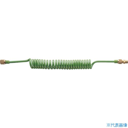 オレンジブック トラスコ中山　TRUSCO潤工社 エアーコイルチューブセット UTF 1−10X6.5mm モスグリーン 〔品番:UTF10600LMG〕[ 注番:3833571]特長●ポリウレタンチューブをコイル状に加工しています。●伸縮部の集中配管に最適です。●機械的強度、特に耐摩耗性が優れています。●柔軟でしかも高反発弾性をもっています。●標準色：モスグリーン用途●機器の可動部や伸縮部用の配管用●産業用ロボット用●エアー工具用仕様●色：モスグリーン●外径(mm)：10●内径(mm)：6.5●使用範囲(m)：6●全長(mm)：1200●コイル径(mm)：50●コイル長(mm)：600●最大使用寸法(m)：6●最高使用圧力(MPa)：0.7●使用温度範囲(℃)：-20〜60（空気）、0〜50（水）●使用流体：空気、水●ホース内径×外径(mm)：6.5×10仕様2●使用温度範囲：-20〜60℃（空気）、0〜50℃（水）●最高使用圧力：0.7MPa（23℃時）●接続継手：G1/4おねじ、めねじ材質/仕上●耐水軟質ポリウレタンセット内容/付属品注意●継手： 片端には固定メスニップル（G(PF)1／4オスシート面付）、他端には回転メスニップル（G(PF)1／4オスシート面付）とR(PT)1／4オス-オスサービスニップルがセットされています。●水道水を通水の際は残留塩素による影響があります。原産国（名称）日本JANコード本体質量480gオレンジブック トラスコ中山　TRUSCO潤工社 エアーコイルチューブセット UTF 1−10X6.5mm モスグリーン 〔品番:UTF10600LMG〕[注番:3833571][本体質量：480g]《包装時基本サイズ：510×260×70》〔包装時質量：480g〕分類》空圧用品》流体継手・チューブ》エアチューブ・ホース☆納期情報：仕入れ先通常在庫品 (欠品の場合有り)