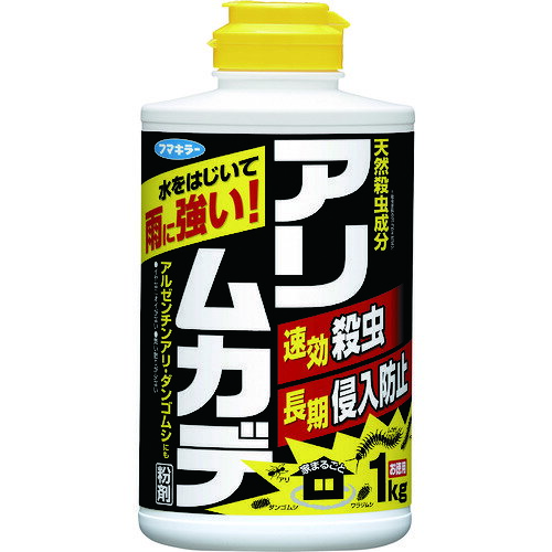 オレンジブック トラスコ中山　TRUSCOフマキラー アリ用殺虫剤 アリムカデ粉剤1Kg 〔品番:432695〕[ 注番:4198107]特長●家のまわりにまくだけで不快な虫を殺虫&侵入防止でき、イヤなニオイも残しません。●除虫菊由来の天然殺虫成分（ピレトリン）を配合しています。●2通りのまき方ができるダブルキャップです。用途●家の周りにまくだけ殺虫＆侵入防止。●アリ・ヒアリ・ムカデの駆除。仕様●効果持続目安：約1ヶ月●容量(kg)：1仕様2材質/仕上セット内容/付属品注意原産国（名称）インドネシアJANコード4902424432695本体質量1.1kgオレンジブック トラスコ中山　TRUSCOフマキラー アリ用殺虫剤 アリムカデ粉剤1Kg 〔品番:432695〕[注番:4198107][本体質量：1.1kg]《包装時基本サイズ：85×120×250》〔包装時質量：1102g〕分類》環境改善用品》害虫・害獣駆除用品》防虫・殺虫用品☆納期情報：仕入れ先通常在庫品 (欠品の場合有り)