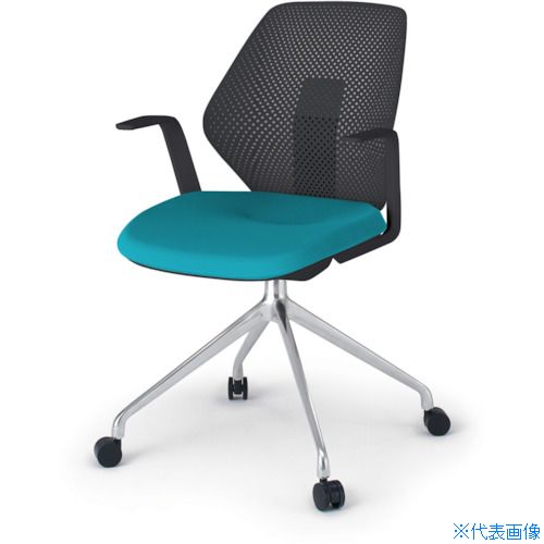 ■ITOKI キュアチェア 4本脚 樹脂メッシュバック 肘付 ナイロン双輪キャスター付 脚アルミミラー 本体ブ..