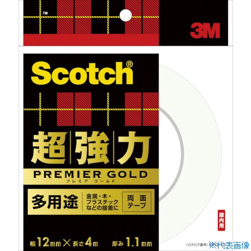オレンジブック トラスコ中山　TRUSCO3M スコッチ 超強力両面テープ プレミアゴールド 多用途 12mm×4m 〔品番:SPG12〕[ 注番:5423902]特長●強靭なアクリルフォーム素材に、特殊アクリル系粘着剤を塗布した超強力両面テープです。●金属・木・プラスチック（軟質塩ビを除く）など多用途に使用できます。用途●屋内における一般的な接着作業用途。仕様●色：白●幅(mm)：12●長さ(m)：4●厚さ(mm)：1.1●テープカット条件：ハサミ、カッターが必要●粘着力(N/10mm)：90度方向剥離力：32仕様2●90度方向剥離力：32N/10mm●使用温度範囲：-20〜90℃●JIS規格＜Z1541＞1種レベル(構造用接合部)●切断にはカッターが必要材質/仕上●基材：アクリルフォーム●粘着剤：特殊アクリル系セット内容/付属品注意●軟質塩化ビニール、シリコーン、フッ素樹脂加工表面、凸凹面には使用できません原産国（名称）日本JANコード4547452877096本体質量62gオレンジブック トラスコ中山　TRUSCO3M スコッチ 超強力両面テープ プレミアゴールド 多用途 12mm×4m 〔品番:SPG12〕[注番:5423902][本体質量：62g]《包装時基本サイズ：165×135×13》〔包装時質量：62g〕分類》梱包用品》テープ用品》両面テープ☆納期情報：仕入れ先通常在庫品 (欠品の場合有り)