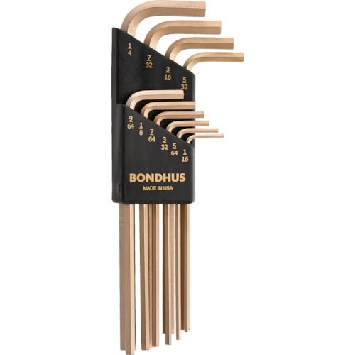 オレンジブック トラスコ中山　TRUSCOBONDHUS 六角L−レンチ ロング ゴールド インチ セット10本組(1/16−1/4) No.38138 〔品番:HLX10G〕[ 注番:8218823]特長●鋼材にはバナジウム鋼のような一般的な鋼材に比べ、20%以上も強度があるプロテニアム合金鋼を使用しています。用途●ネジの締付け、緩め作業に。仕様●セット内容(インチ)：1/16、5/64、3/32、7/64、1/8、9/64、5/32、3/16、7/32、1/4●セット内容(本)：10仕様2●ゴールドガード表面加工●硬度：HRC57〜61材質/仕上●プロテニアム［［R上］］合金鋼（ボンダス特注鋼材）セット内容/付属品●1/16、5/64、3/32、7/64、1/8、9/64、5/32、3/16、7/32、1/4インチ注意原産国（名称）アメリカJANコード本体質量181gオレンジブック トラスコ中山　TRUSCOBONDHUS 六角L−レンチ ロング ゴールド インチ セット10本組(1/16−1/4) No.38138 〔品番:HLX10G〕[注番:8218823][本体質量：181g]《包装時基本サイズ：220×90×30》〔包装時質量：200g〕分類》手作業工具》ドライバー・六角棒レンチ》六角棒レンチ☆納期情報：メーカー取り寄品（弊社より発送）