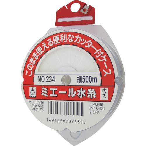 オレンジブック トラスコ中山　TRUSCOたくみ ミエール水糸カッター付ケース入ホワイト細500m 〔品番:234〕[ 注番:8511570]特長●便利なカッター付です。●透明ケース入りで残量が見やすく糸が汚れません。用途●土木、建築、一般測量用。仕様●色：ホワイト●糸長さ(m)：500●ケース寸法(mm)：直径94×48×140仕様2●軸付リール巻(カッター付ケース入)材質/仕上●糸：ナイロンセット内容/付属品注意●幼児の手の届かないところで使用、保管してください。●糸を手や歯で切るとけがをする恐れがあります。●糸を火で切らないでください。原産国（名称）日本JANコード4960587075395本体質量125gオレンジブック トラスコ中山　TRUSCOたくみ ミエール水糸カッター付ケース入ホワイト細500m 〔品番:234〕[注番:8511570][本体質量：125g]《包装時基本サイズ：140×94×48》〔包装時質量：125g〕分類》測定・計測用品》測量用品》墨つぼ・チョークリール☆納期情報：オレンジブック掲載以外でメーカー直送品【法人限定＝会社名ご記入お願い致します。】